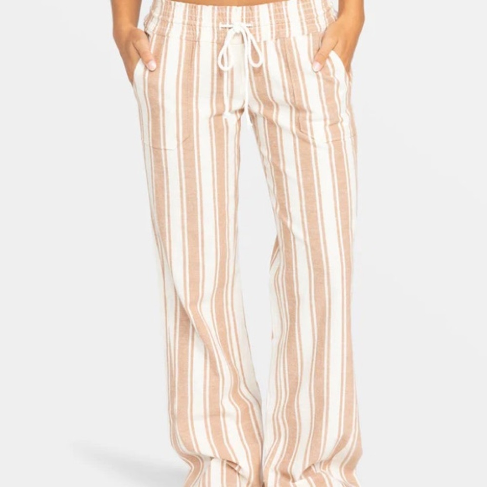 Roxy Oceanside Cotton/Linen Beach Pants Striped Cream and Brown *New With Tags*